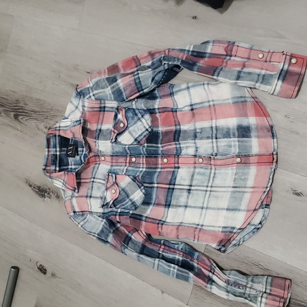AX Armani Exchange Distressed Denim Shirt Plaid